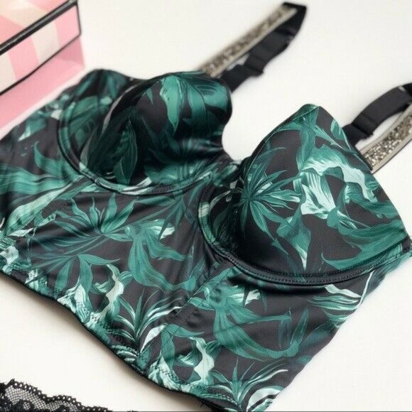 32D SMALL Victoria's Secret green leaves bra set - Picture 2 of 5